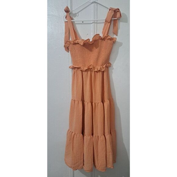 Vici Womens Small Midi Tiered Peach Papaya Ruched Tie Shoulder Dress - Picture 1 of 7